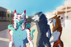  2017 anthro black_stripes blue_body blue_eyes blue_fur blurred_background distracted_boyfriend english_text fur gloves_(marking) green_eyes grey_body grey_eyes grey_fur grey_hair group hair hand_holding heterochromia living_tail looking_back lycoa markings meme multicolored_body multicolored_fur neck_tuft orange_body orange_fur public red_body red_fur sergal shocked sidgi smile snout standing stripes tail text tuft two_tone_body two_tone_fur unusual_anatomy unusual_tail white_body white_fur yellow_eyes 