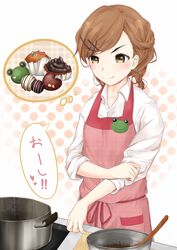  alternate_hairstyle apron braid brown_eyes brown_hair chocolate commentary_request female gekota highres imagining misaka_mikoto pot rolling_sleeves_up shin_(highest1192) short_hair solo toaru_kagaku_no_railgun toaru_majutsu_no_index twin_braids 