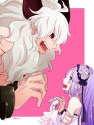  1boy asterios_(fate/grand_order) bare_shoulders breasts choker dress euryale fate/grand_order fate/hollow_ataraxia fate_(series) female grey_hair hair_ornament hairband height_difference horns long_hair open_mouth pink_background purple_eyes purple_hair red_eyes ring twintails 