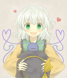  blush bunchou_(bunchou3103) commentary_request eyeball female green_eyes hand_on_headwear hat hat_on_chest heart heart_of_string holding holding_clothes holding_hat komeiji_koishi open_mouth smile solo third_eye touhou unworn_hat unworn_headwear upper_body white_hair 