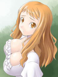  alternate_hairstyle anjou_naruko ano_hi_mita_hana_no_namae_wo_bokutachi_wa_mada_shiranai. breasts cleavage commentary_request downblouse female frills hair_down large_breasts long_hair orange_eyes orange_hair solo yaso_shigeru 