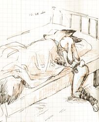  anthro bed bedding blanket canid canine closed_eyes clothed clothing disney duo female fox furniture judy_hopps kneeling lagomorph leporid lying male mammal monochrome nick_wilde noko_ume pillow police police_uniform rabbit red_fox size_difference sleeping traditional_media_(artwork) true_fox uniform zootopia 