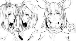  3girls aki_minoriko aki_shizuha animal_ears commentary_request greyscale hair_over_one_eye hat leaf makie_fujiyuki monochrome mouse_ears multiple_girls nazrin portrait short_hair siblings sisters touhou twins 