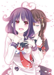  2girls :d ahoge aikawa_ruru apron black_gloves black_serafuku black_skirt blush braid brown_hair closed_eyes commentary_request fingerless_gloves gloves hair_flaps hair_ornament hair_ribbon heart_ahoge_duo holding_hands hug hug_from_behind kantai_collection kappougi low_twintails multiple_girls neckerchief open_mouth photoshop_(medium) pleated_skirt purple_hair red_eyes red_neckerchief remodel_(kantai_collection) ribbon sailor_collar school_uniform serafuku shigure_(kancolle) simple_background single_braid skirt smile taigei_(kancolle) twintails white_background yuri 