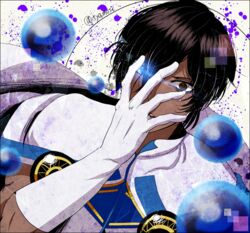  1boy arjuna_(fate/grand_order) black_hair cape dark_skin fate/grand_order fate_(series) gloves heterochromia open_mouth short_hair 