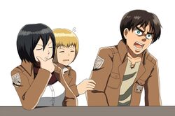  2boys armin_arlert black_hair blonde_hair commentary_request emblem eren_yeager female jacket md5_mismatch mikasa_ackerman multiple_boys paradis_military_uniform rouzille shingeki_no_kyojin short_hair training_corps_(emblem) 