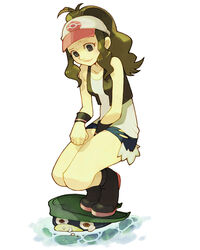  baseball_cap brown_eyes brown_hair commentary_request denim denim_shorts female gameplay_mechanics hat hilda_(pokemon) kuzuno_ha lotad photoshop_(medium) pokemon pokemon_(creature) pokemon_bw pokemon_move pokemon_rse ponytail riding riding_pokemon shorts squatting surf_(pokemon) vest 