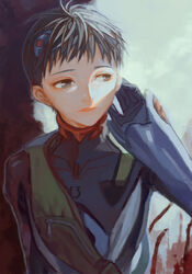  1boy blue_eyes brown_hair commentary_request evangelion:_3.0_you_can_(not)_redo ikari_shinji interface_headset male_focus neon_genesis_evangelion photoshop_(medium) plugsuit rebuild_of_evangelion shaliva solo 