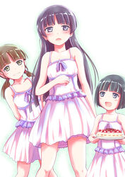  3girls :d black_hair blush brown_hair cake collarbone commentary_request d: dress food gokou_hinata gokou_ruri gokou_tamaki grin happy_birthday highres long_hair low_twintails matching_outfits mole mole_under_eye multiple_girls open_mouth ore_no_imouto_ga_konna_ni_kawaii_wake_ga_nai purple_eyes short_hair siblings sisters smile sundress takatsuki_akira twintails very_long_hair white_background 