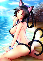  animal_ears arkfield ass bad_id bad_pixiv_id black_hair blush breasts cat_ears cat_girl cat_tail commentary_request female finger_to_mouth hair_rings high_school_dxd highres kuroka_(high_school_dxd) large_breasts looking_at_viewer multiple_tails nekomata ocean photoshop_(medium) short_hair sideboob slingshot_swimsuit smile solo swimsuit tail two_tails yellow_eyes 