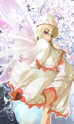  bad_id bad_pixiv_id blonde_hair capelet dress female hat lily_white long_hair looking_back purple_eyes sleeves_past_wrists smile solo touhou tsuizi wide_sleeves wings 