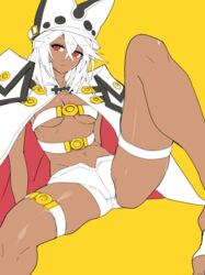  bad_id bad_twitter_id belt_bra breasts cape dark-skinned_female dark_skin female guilty_gear guilty_gear_xrd hat medium_breasts ramlethal_valentine red_eyes short_shorts shorts solo thigh_strap tomo_(tomorag7) white_shorts 