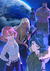  2boys 3girls asticassia_school_uniform beard black_hair blonde_hair blue_hair crop_top crossed_arms dark-skinned_male dark_skin earth_(planet) facial_hair gundam gundam_suisei_no_majo highres long_hair medium_hair multiple_boys multiple_girls muscular muscular_male naji_geor_hija nika_nanaura norea_du_noc pink_hair planet school_uniform shaddiq_zenelli short_hair sophie_pulone soul_(tamashii) topless_male twitter_username 