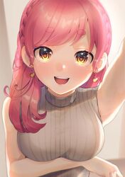  :d aizono_manami aizono_manami_(4th_costume) arm_under_breasts arm_up bare_arms blurry braid breasts brown_sweater crown_braid curly_hair earrings female hair_over_shoulder heart heart-shaped_pupils heart_earrings hikimayu hiyorou jewelry large_breasts light_blush long_hair looking_at_viewer nijisanji open_mouth pink_hair ribbed_sweater short_eyebrows sleeveless sleeveless_sweater smile solo straight-on sweater swept_bangs symbol-shaped_pupils teeth thick_eyebrows tongue upper_body upper_teeth_only virtual_youtuber yellow_eyes 