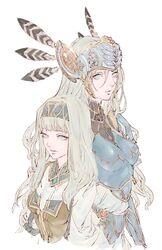  2girls alicia_(valkyrie_profile_2) armor blonde_hair blue_eyes blunt_bangs breastplate closed_eyes closed_mouth feathers hair_between_eyes hairband helmet highres kazama_raita long_hair multiple_girls parted_lips silmeria_valkyrie simple_background turtleneck valkyrie_profile_(series) valkyrie_profile_2:_silmeria white_background 