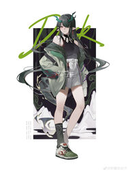  absurdres alternate_costume arknights bare_shoulders black_hair black_shirt black_socks breasts character_name dragon_girl dragon_horns dragon_tail dusk_(arknights) earpiece earrings female floating_hair full_body green_hair grey_jacket hair_over_one_eye hand_in_pocket highres horns jacket jewelry long_hair medium_breasts multicolored_hair narakuuu off_shoulder one_eye_covered open_clothes open_jacket orange_eyes parted_lips pointy_ears shirt shoes simple_background single_sock sleeveless sleeveless_shirt socks solo standing streaked_hair tail tassel tassel_earrings very_long_hair watermark white_background white_footwear 