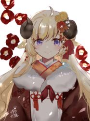  ahoge animal_ears blonde_hair brown_kimono chinese_commentary closed_mouth commentary_request curled_horns female floral_background floral_print flower fur_trim hair_between_eyes hair_flower hair_ornament happy_new_year hololive horns japanese_clothes kimono long_hair lunacats new_year open_clothes print_kimono purple_eyes red_flower sheep_ears sheep_girl sheep_horns simple_background smile solo tsunomaki_watame tsunomaki_watame_(new_year) upper_body very_long_hair virtual_youtuber white_background yellow_flower 