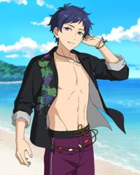  1boy beach blue_hair bracelet buttons cowboy_shot dark_blue_hair drawstring ensemble_stars! fingernails food fruit fushimi_yuzuru grape_print grapes hand_up happy_elements jewelry lapels long_sleeves looking_at_viewer male_focus mole mole_under_eye navel necklace notched_lapels ocean official_art open_clothes outdoors purple_eyes roaring_sea_marina_(ensemble_stars!) short_bangs short_hair sleeves_rolled_up solo third-party_source 