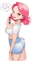  :d ass bracelet breasts cellphone choker cleavage commentary crop_top cropped_shirt eden_(shiroki_yuutsu) english_commentary english_text female forehead from_side green_nails hand_up heart highres holding holding_phone jewelry large_breasts looking_at_viewer looking_to_the_side medium_hair midriff multicolored_nails open_mouth original pantylines phone pink_hair short_shorts shorts simple_background smartphone smile solo speech_bubble taut_clothes teeth thighs vanilla_(eden_(shiroki_yuutsu)) white_background white_choker yellow_eyes 