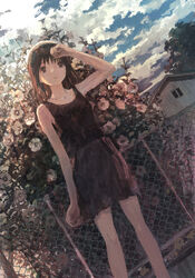  black_eyes black_hair bush camisole cloud commentary day dutch_angle female flower highres medium_hair original outdoors rose_of_sharon scenery skirt sky solo texture tokunaga_akimasa 