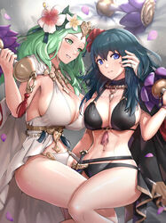  2girls abs absurdres alternate_costume bikini black_bikini blue_eyes blue_hair blush breast_press breasts byleth_(female)_(fire_emblem) byleth_(female)_(summer)_(fire_emblem) byleth_(fire_emblem) cape cleavage closed_mouth dagger exercising fire_emblem fire_emblem:_three_houses fire_emblem_heroes flower forehead gonzarez green_eyes green_hair hair_between_eyes hair_flower hair_ornament hand_on_another&#039;s_face hand_on_another&#039;s_head hibiscus highres holding huge_breasts knife large_breasts long_hair looking_at_another looking_to_the_side lying multiple_girls navel official_alternate_costume parted_lips petals pink_lips red_flower revision rhea_(fire_emblem) rhea_(summer)_(fire_emblem) sheath sheathed sideboob smile sweat sweatdrop swimsuit thighs weapon weightlifting white_bikini white_cape white_flower yuri 