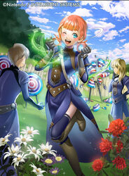  1boy 2girls annette_fantine_dominic blue_eyes blue_sky cloud commentary_request company_name copyright_name day dress fire_emblem fire_emblem:_three_houses fire_emblem_cipher flower from_behind gloves multiple_girls official_art one_eye_closed open_mouth orange_hair outdoors short_hair sky thighhighs tsutsui_misa twintails 