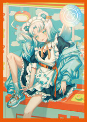  animal_ears apron asuda bear_ears black_dress blue_jacket brown_eyes comiket_99 commentary_request crane_game dress feet_out_of_frame female frilled_apron frilled_dress frills grey_footwear grey_socks head_tilt highres jacket knee_up long_sleeves looking_at_viewer maid maid_apron maid_headdress original parted_bangs puffy_long_sleeves puffy_short_sleeves puffy_sleeves shoes short_sleeves sitting sleeves_past_wrists socks solo stuffed_animal stuffed_toy teddy_bear thick_eyebrows white_apron white_hair 