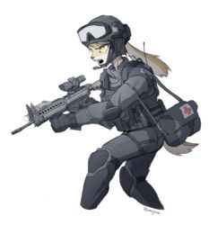  2019 ambiguous_gender angry anthro armor body_armor clothing endjfcar fur gloves gun handwear headgear helmet hi_res holding_object holding_weapon lagomorph leporid mammal medic rabbit ranged_weapon rifle shoulder_bag simple_background solo tan_body tan_fur weapon white_background yellow_eyes 