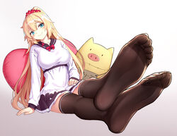  akai_haato akai_haato_(casual) aqua_eyes arm_support blonde_hair bow bowtie breasts brown_thighhighs chinese_commentary collarbone commentary dress drogoth feet female foot_focus foreshortening full_body gradient_background grey_background haaton_(akai_haato) head_tilt heart heart-shaped_pillow high_ponytail highres hololive impossible_clothes impossible_dress large_breasts leaning_back legs long_hair long_sleeves looking_at_viewer no_shoes official_alternate_costume official_alternate_hairstyle pillow pleated_dress red_bow red_bowtie shadow shiny_clothes sidelocks sitting smile soles solo stuffed_animal stuffed_toy thighhighs toes translated very_long_hair virtual_youtuber white_dress zettai_ryouiki 