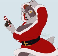  4_fingers anthro big_breasts black_nose bovid breasts caprine christmas clothed clothing digital_media_(artwork) eyebrows eyelashes female fingers hi_res holidays huge_breasts mammal missy_(artist) solo yellow_eyes 