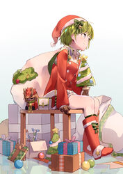  absurdres bag blue_background blue_eyes blush boots box brown_gloves cape character_doll christmas christmas_tree female fire_emblem fire_emblem:_the_blazing_blade fire_emblem_heroes gift gift_box gloves green_hair green_socks hat highres holding holding_bag jaffar_(fire_emblem) jaffar_(winter)_(fire_emblem) long_sleeves looking_away looking_to_the_side migimura_sakimori nino_(fire_emblem) nino_(winter)_(fire_emblem) santa_costume santa_hat short_hair simple_background sitting smile socks solo sweater turtleneck turtleneck_sweater 