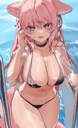  absurdres animal_ears bikini black_bikini black_choker braid breasts choker cleavage collarbone cowboy_shot double_bun female hair_bun hakui_koyori halterneck hand_up highres hololive kithera large_breasts long_hair looking_at_viewer navel oerba_yun_fang open_mouth pink_hair pool_ladder purple_eyes skindentation smile solo stomach string_bikini swimsuit thighs unfinished very_long_hair virtual_youtuber water wet wolf_ears 