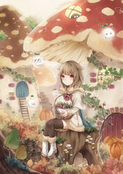  absurdres animal_ears basket brown_hair commentary fantasy female highres holding kesaran_pasaran log mini_person minigirl mushroom original pinecone short_hair sitting tukimisou0225 wicker_basket 