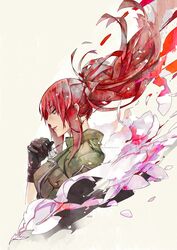  black_gloves blood blood_trail commentary dark_persona dog_tags earrings english_commentary female gloves green_jacket highres ian_olympia ikari_warriors jacket jewelry leona_heidern military military_uniform orochi_leona ponytail portrait red_eyes red_hair smoke smoke_trail soldier solo the_king_of_fighters triangle_earrings uniform 