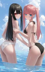  2girls ass barbell_piercing bikini black_bikini black_hair blue_eyes blunt_bangs breasts clover_earrings commentary_request ear_piercing earrings enokawa_kokoro_(hara_kenshi) facial_mark halterneck hand_on_another&#039;s_arm hand_on_another&#039;s_waist hara_kenshi heart highres industrial_piercing jewelry kuroba_mitsuha light_smile long_hair looking_at_viewer looking_back medium_breasts mole mole_under_eye multiple_girls ocean original outdoors piercing red_eyes side-tie_bikini_bottom sidelocks swimsuit twintails wading wet white_bikini 