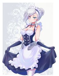  apron azur_lane belfast_(azur_lane) belfast_(azur_lane)_(cosplay) black_gloves blue_eyes breasts broken broken_chain chains check_commentary cleavage collar commentary_request cosplay female frilled_apron frilled_gloves frills gloves hair_bun highres iesupa maid maid_apron maid_headdress rwby short_hair single_hair_bun solo thighhighs white_apron white_hair white_thighhighs winter_schnee 