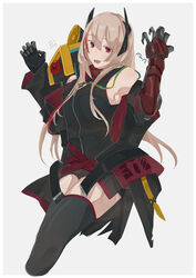  alternate_costume artist_name banana_(girls&#039;_frontline) black_thighhighs blonde_hair blush breasts female girls&#039;_frontline hair_ornament highres long_hair looking_at_viewer m4_sopmod_ii_(girls&#039;_frontline) mechanical_arms medium_breasts multicolored_hair non-humanoid_robot open_mouth red_eyes robot single_mechanical_arm solo sutekina_awa thighhighs white_background 