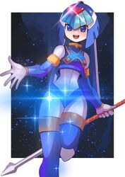  :d android blue_eyes blue_footwear blue_helmet boots border breasts commentary_request crop_top fairy_leviathan_(mega_man) female glint happy helmet highres holding holding_polearm holding_weapon leg_up looking_at_viewer mega_man_(series) mega_man_zero_(series) open_mouth outside_border polearm small_breasts smile solo sparkle spear standing standing_on_one_leg teeth tesshii_(riza4828) thigh_boots upper_teeth_only weapon white_border 