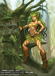  1boy abs arm_support armpits artist_name bangle black_lips boots bra bracelet breasts character_request cleavage collarbone commentary_request company_name copyright_name dark_skin day double_bun dryad facial_hair facial_mark female fingernails forest full_body grass green_bra green_hair green_skirt hair_bun hand_on_own_hip high_heel_boots high_heels jewelry jintetsu knee_boots last_chronicle leaf_bra leaf_skirt leaning legs_apart long_hair medium_breasts microskirt nail_polish nature navel official_art orange_eyes orange_nails outdoors photoshop_(medium) plant plant_hair pointy_ears revealing_clothes sharp_fingernails short_eyebrows sidelocks skirt smile thorns toned translation_request tree underboob underwear very_long_hair vines watermark web_address 