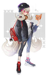  absurdres alternate_costume backpack bag beanie black_footwear black_hat black_jacket book charm_(object) denim enna_alouette female full_body glasses hat headphones headphones_around_neck highres holding holding_book jacket jeans long_hair looking_at_viewer millie_parfait nattsume_(natttsume) nijisanji nijisanji_en nina_kosaka pants pentagram petra_gurin platinum_blonde_hair poppi_(reimu_endou) print_shirt red_eyes reimu_endou shirt shoes sneakers solo standing torn_clothes torn_jeans torn_pants very_long_hair virtual_youtuber white_shirt 