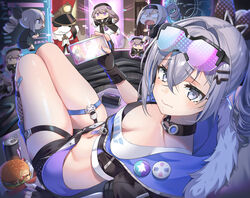  badge blue-tinted_eyewear bow burger button_badge can cellphone choker drill_hair drill_ponytail energy_drink eyewear_on_head female fingerless_gloves food gloves grey_eyes grey_hair hair_between_eyes hairbow herta_(honkai:_star_rail) highres holding holding_phone honkai:_star_rail honkai_(series) mahou_io multicolor-tinted_eyewear phone pom-pom_(honkai:_star_rail) purple-tinted_eyewear silver_wolf_(honkai:_star_rail) smartphone sunglasses tinted_eyewear 