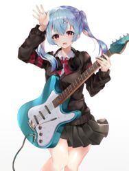  arm_up black_skirt blue_hair bow bowtie collared_shirt commentary_request cowboy_shot ear_piercing electric_guitar female fender_stratocaster guitar hair_ornament hand_up headphones headphones_around_neck holding holding_instrument instrument long_hair long_sleeves looking_at_viewer lower_teeth_only miniskirt open_mouth original partial_commentary piercing pink_eyes pleated_skirt rabbit_hair_ornament red_bow red_bowtie shirt simple_background skirt smile solo teeth twintails white_background white_shirt ymkrnchan 