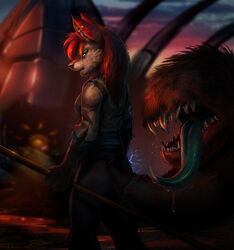  ahya_(legend_of_ahya) anthro canid canine canis destruction ear_piercing female hi_res industrial_piercing legend_of_ahya machine mammal piercing quarterstaff rubble solo sparks superpowers tail tail_mouth taylor_renee_wolford_(darkflamewolf) temiree tongue tongue_out unusual_anatomy unusual_tail wolf wounded 