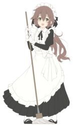  :d brown_hair commentary eiyuu_densetsu female full_body gloves green_eyes hakuleg headdress long_hair looking_at_viewer maid mop open_mouth sen_no_kiseki simple_background smile solo towa_herschel white_background white_gloves white_legwear 