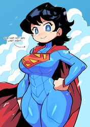  absurdres animification black_hair blue_background blue_bodysuit blue_eyes blush_stickers bodysuit breasts cape closed_mouth cloud dc_comics female hand_on_own_hip highres large_breasts looking_at_viewer rariatto_(ganguri) red_cape short_hair smile solo superman_(series) superwoman 