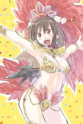  alternate_costume black_hair black_wings bra bracelet breasts carnival chin_strap confetti dancer earrings feather_hair_ornament feathers female gold hair_ornament hat jewelry medium_breasts navel pointy_ears pom_pom_(clothes) red_eyes revealing_clothes samba sape_(saperon_black) shameimaru_aya short_hair smile tengu tokin_hat touhou underwear wings 