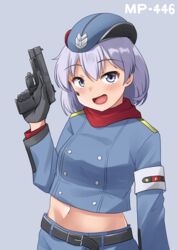  armband belt black_gloves blush buttons character_name crop_top double-breasted female girls&#039;_frontline gloves grey_background grey_eyes grey_hair groin gun hand_up handgun highres holding holding_gun holding_weapon ki-51_(ampullaria) midriff military military_uniform mp-446_(girls&#039;_frontline) mp-446_viking navel open_mouth red_scarf scarf short_hair solo tongue trigger_discipline uniform weapon 