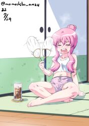  closed_eyes dated fanning_self feet female fusuma hand_fan holding holding_fan hot iced_tea indoors legs louise_francoise_le_blanc_de_la_valliere midriff nafta open_mouth paper_fan pink_hair pink_shorts shirt shorts signature sitting sleeveless sliding_doors solo tatami teeth upper_teeth_only white_shirt zero_no_tsukaima 