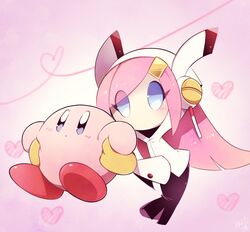  bad_id bad_twitter_id blue_eyes blush commentary creature female full_body gradient_background hair_ornament hairclip heart holding holding_creature kirby kirby:_planet_robobot kirby_(series) long_hair no_humans pink_background pink_hair rayman_limbs susie_(kirby) suzuyuki_cafe symbol-only_commentary 