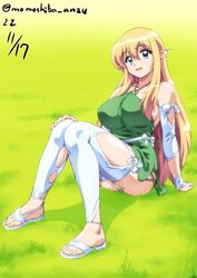  blonde_hair blue_eyes breasts dated detached_sleeves dress elf feet female grass green_dress knees_up long_hair looking_at_viewer nafta pointy_ears sandals signature sitting solo thighhighs tiffania_westwood toes very_long_hair white_thighhighs zero_no_tsukaima 